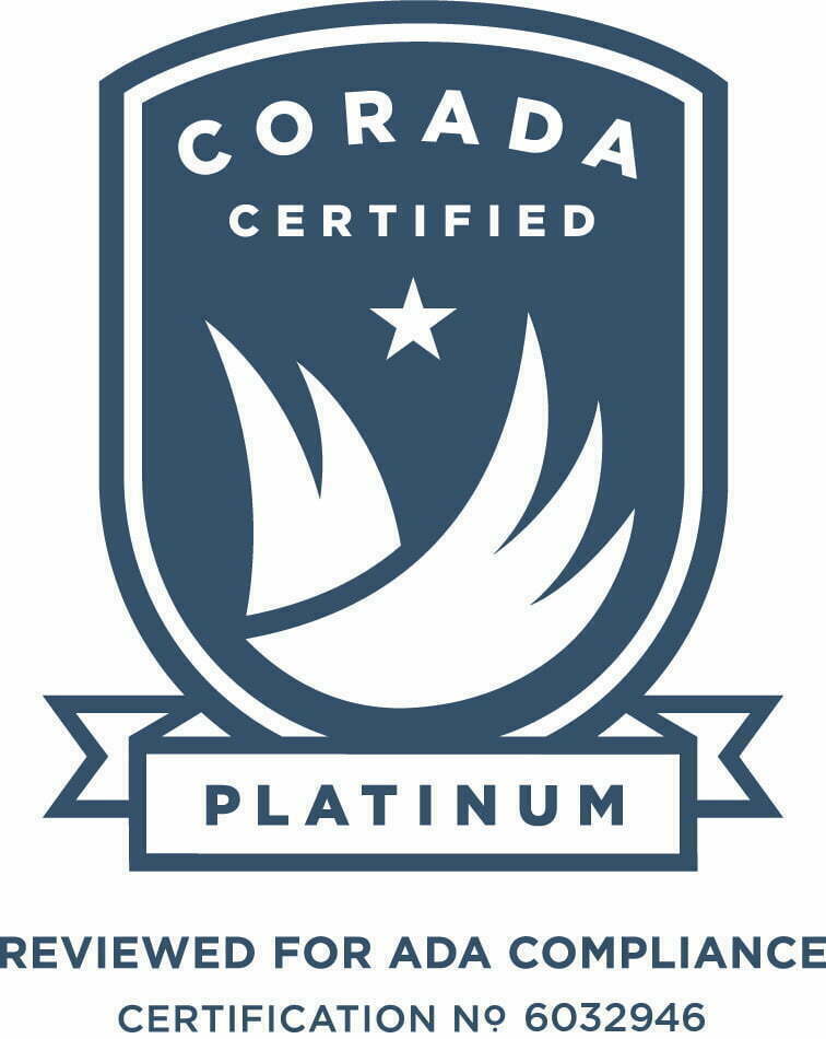 A blue and white logo with the word " corada certified platinum ".